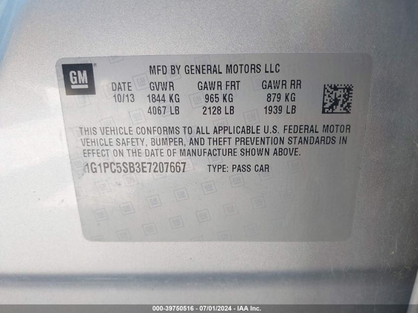2014 Chevrolet Cruze 1Lt Auto VIN: 1G1PC5SB3E7207667 Lot: 39750516