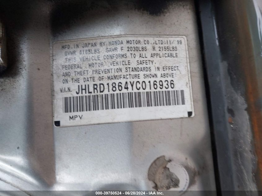 2000 Honda Cr-V Ex VIN: JHLRD1864YC016936 Lot: 39750524