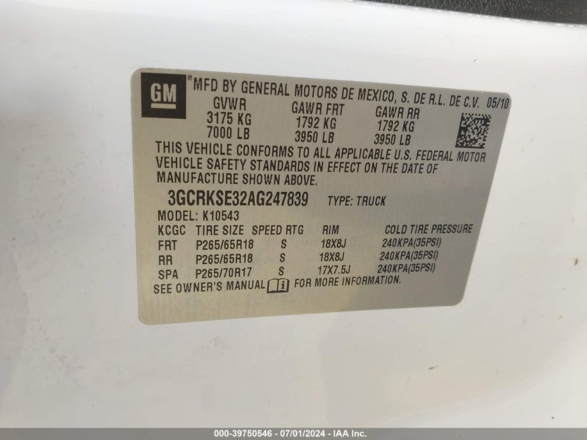 2010 Chevrolet Silverado 1500 Lt VIN: 3GCRKSE32AG247839 Lot: 39750546