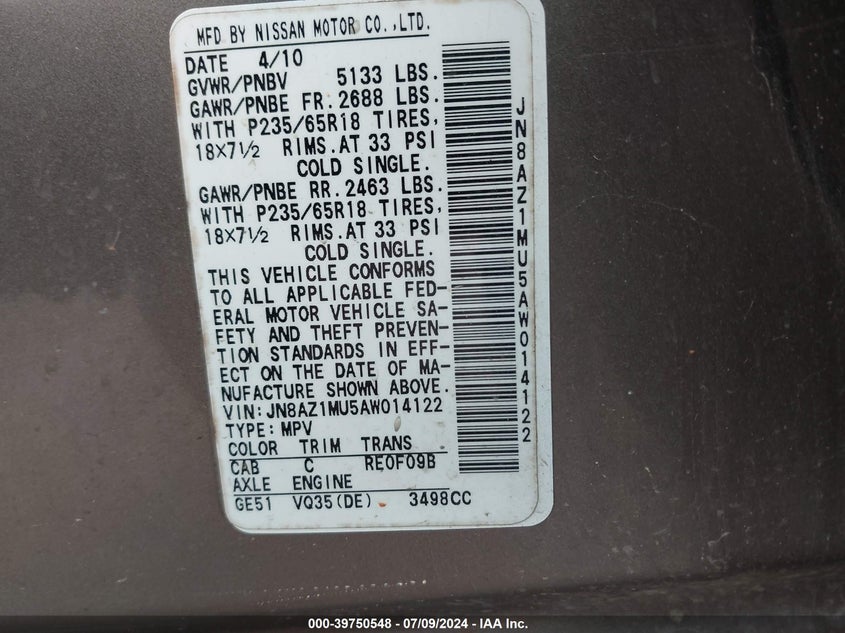 2010 Nissan Murano S/Sl/Le VIN: JN8AZ1MU5AW014122 Lot: 39750548