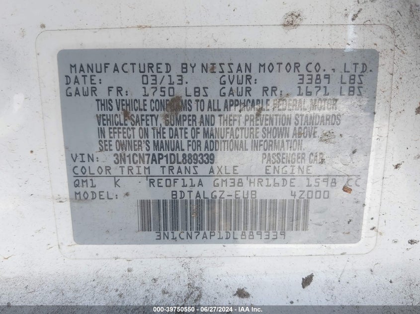 2013 Nissan Versa 1.6 Sl VIN: 3N1CN7AP1DL889339 Lot: 39750550