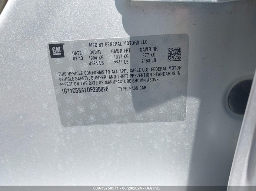 2013 Chevrolet Malibu 1Lt VIN: 1G11C5SA7DF235828 Lot: 39750571