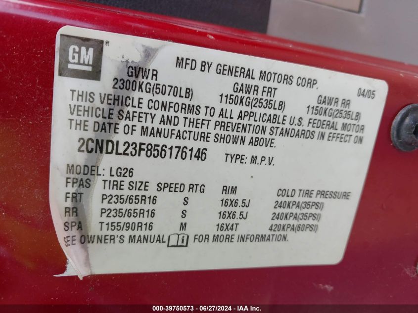 2005 Chevrolet Equinox Ls VIN: 2CNDL23F856176146 Lot: 39750573