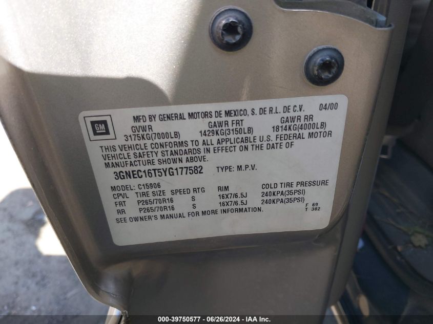 2000 Chevrolet Suburban 1500 Ls VIN: 3GNEC16T5YG177582 Lot: 39750577