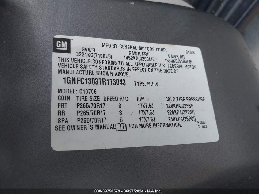 2007 Chevrolet Tahoe Lt VIN: 1GNFC13037R173043 Lot: 39750579