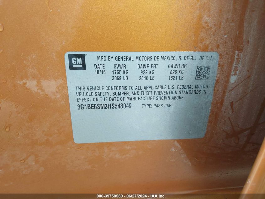 2017 Chevrolet Cruze Lt Auto VIN: 3G1BE6SM3HS548049 Lot: 39750580