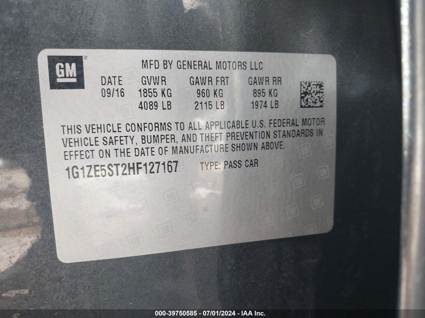 2017 Chevrolet Malibu 1Lt VIN: 1G1ZE5ST2HF127167 Lot: 39750585