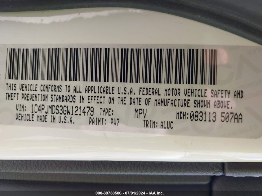 2016 Jeep Cherokee Limited VIN: 1C4PJMDS3GW121479 Lot: 39750586