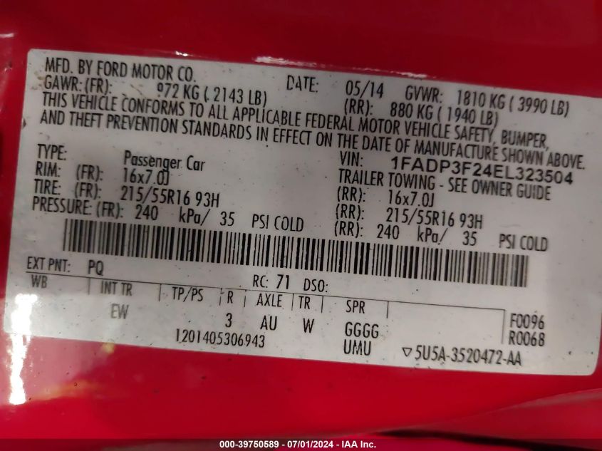 2014 Ford Focus Se VIN: 1FADP3F24EL323504 Lot: 39750589