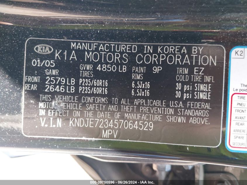 2005 Kia Sportage Ex V6/Lx V6 VIN: KNDJE723457064529 Lot: 39750596