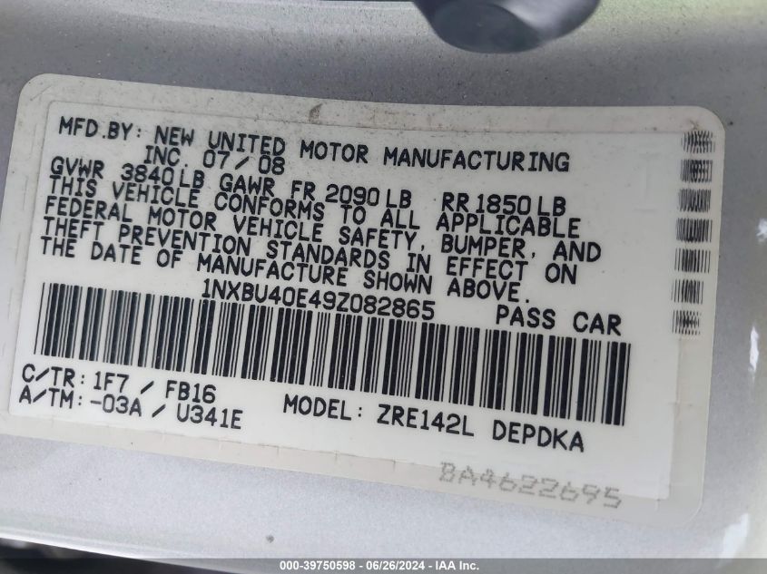 2009 Toyota Corolla Le VIN: 1NXBU40E49Z082865 Lot: 39750598