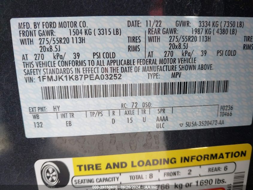 2023 Ford Expedition Limited Max VIN: 1FMJK1K87PEA03252 Lot: 39750600