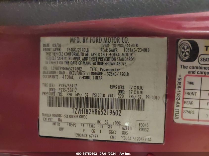 2006 Ford Mustang Gt VIN: 1ZVHT82H865219602 Lot: 39750602