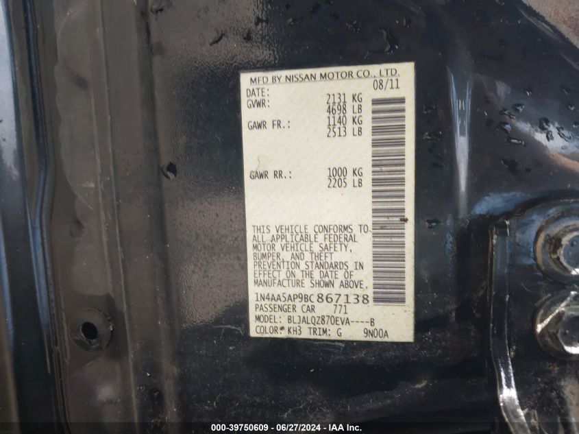 2011 Nissan Maxima 3.5 S VIN: 1N4AA5AP9BC867138 Lot: 39750609