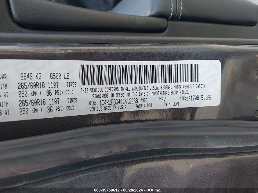 2016 Jeep Grand Cherokee Limited VIN: 1C4RJFBG4GC412268 Lot: 39750612