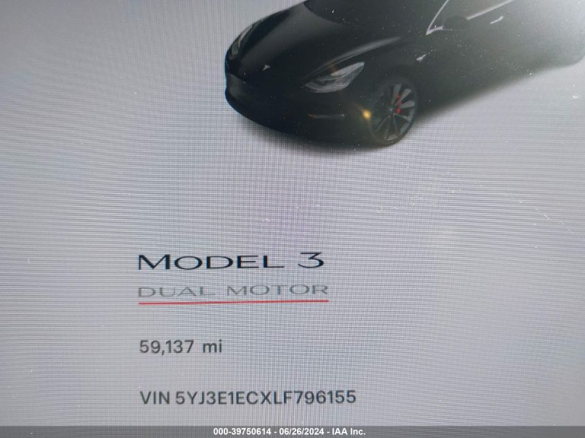 2020 Tesla Model 3 Performance Dual Motor All-Wheel Drive VIN: 5YJ3E1ECXLF796155 Lot: 39750614