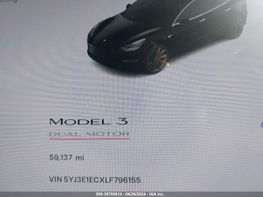 2020 Tesla Model 3 Performance Dual Motor All-Wheel Drive VIN: 5YJ3E1ECXLF796155 Lot: 39750614