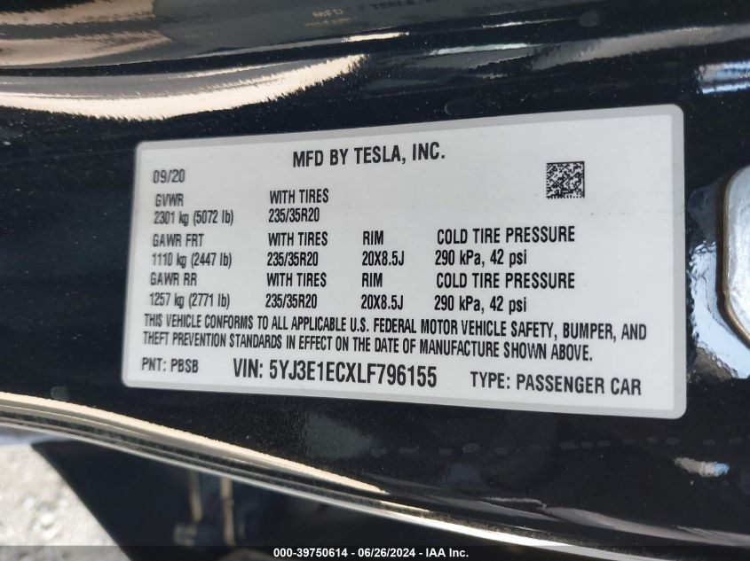 2020 Tesla Model 3 Performance Dual Motor All-Wheel Drive VIN: 5YJ3E1ECXLF796155 Lot: 39750614