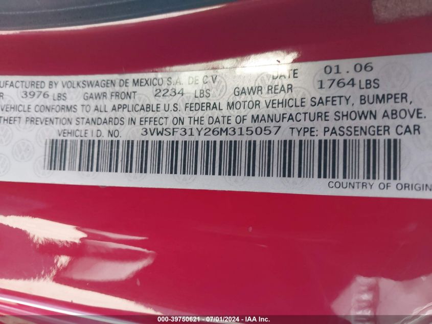 2006 Volkswagen New Beetle 2.5 VIN: 3VWSF31Y26M315057 Lot: 39750621