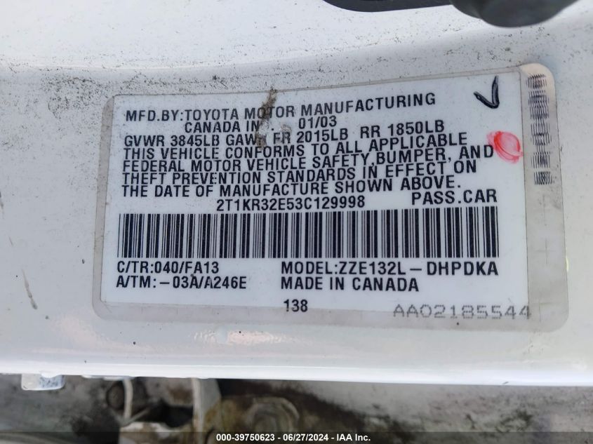 2003 Toyota Matrix Standard VIN: 2T1KR32E53C129998 Lot: 39750623