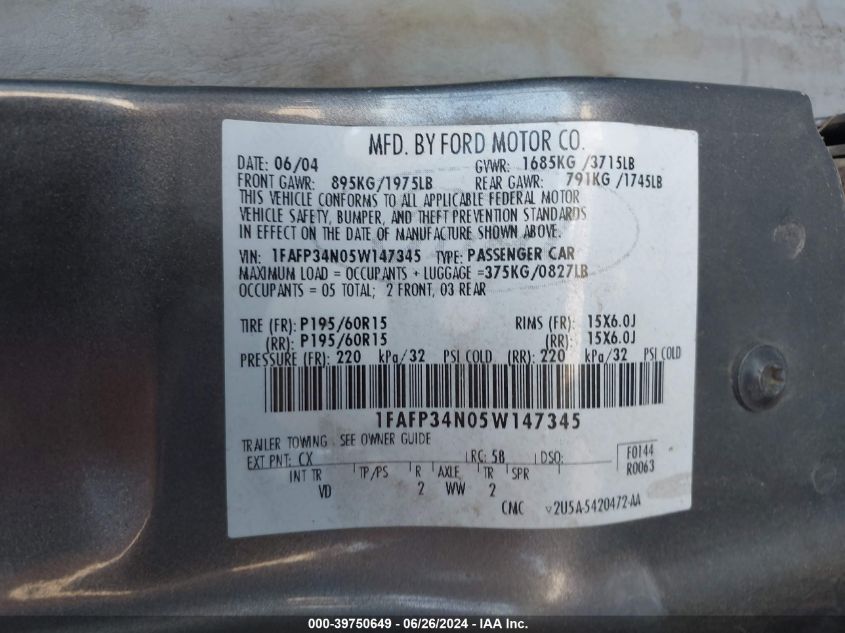 2005 Ford Focus S/Se/Ses VIN: 1FAFP34N05W147345 Lot: 39750649