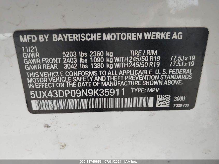 2022 BMW X3 Sdrive30I VIN: 5UX43DP09N9K35911 Lot: 39750655