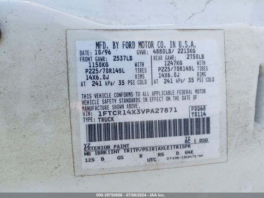1997 Ford Ranger Splash/Xlt VIN: 1FTCR14X3VPA27871 Lot: 39750656