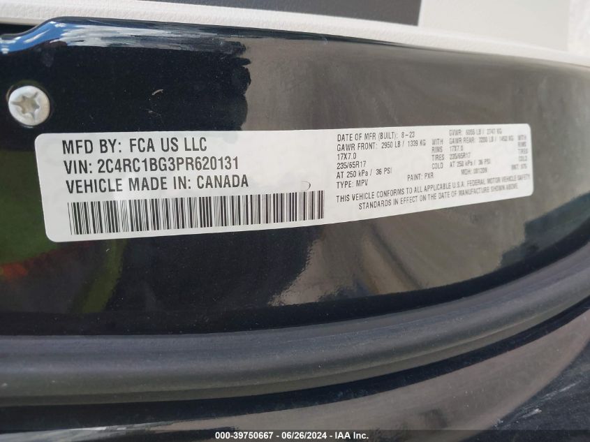 2023 Chrysler Pacifica Touring L VIN: 2C4RC1BG3PR620131 Lot: 39750667