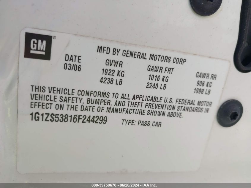 2006 Chevrolet Malibu Ls VIN: 1G1ZS53816F244299 Lot: 39750670