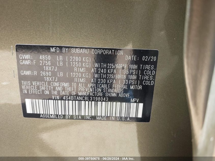 2020 Subaru Outback Limited VIN: 4S4BTANC8L3198043 Lot: 39750675