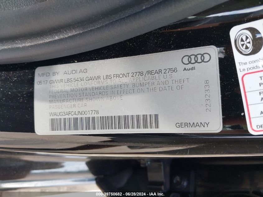 2018 Audi A6 3.0T Premium VIN: WAUG3AFC4JN001778 Lot: 39750682