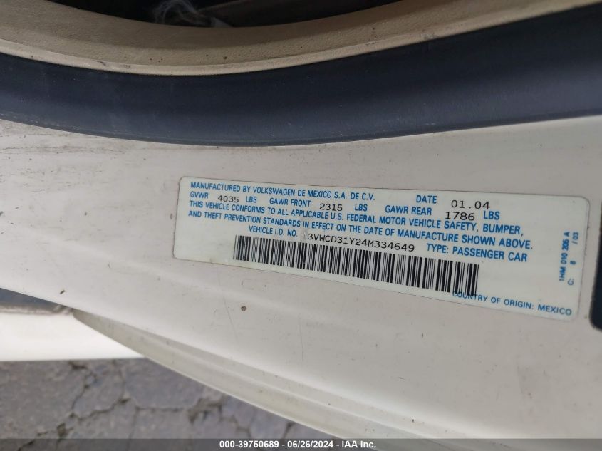 2004 Volkswagen New Beetle Gls 1.8T VIN: 3VWCD31Y24M334649 Lot: 39750689