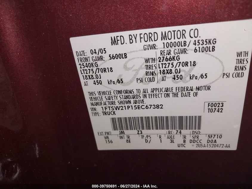 2005 Ford F250 Super Duty VIN: 1FTSW21P15EC67382 Lot: 39750691