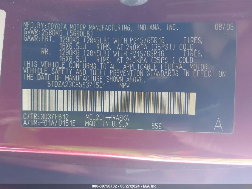 2005 Toyota Sienna Le VIN: 5TDZA23C85S371501 Lot: 39750702