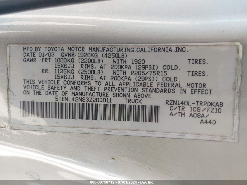 2003 Toyota Tacoma VIN: 5TENL42N83Z203011 Lot: 39750712