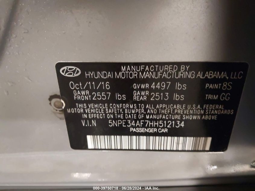 2017 Hyundai Sonata Limited VIN: 5NPE34AF7HH512134 Lot: 39750718