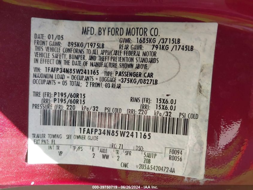 2005 Ford Focus Zx4 VIN: 1FAFP34N85W241165 Lot: 39750719