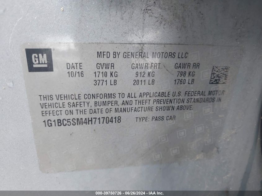 2017 Chevrolet Cruze Ls Auto VIN: 1G1BC5SM4H7170418 Lot: 39750726