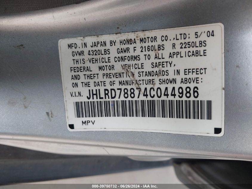 2004 Honda Cr-V Ex VIN: JHLRD78874C044986 Lot: 39750732