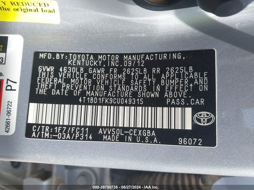 2012 Toyota Camry Hybrid Xle VIN: 4T1BD1FK9CU049315 Lot: 39750735