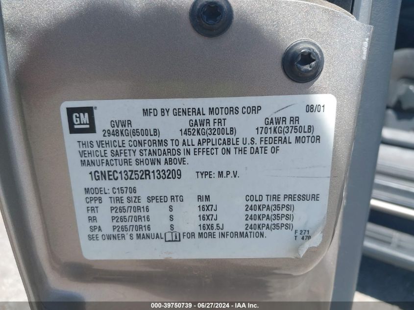 2002 Chevrolet Tahoe Ls VIN: 1GNEC13Z52R133209 Lot: 39750739