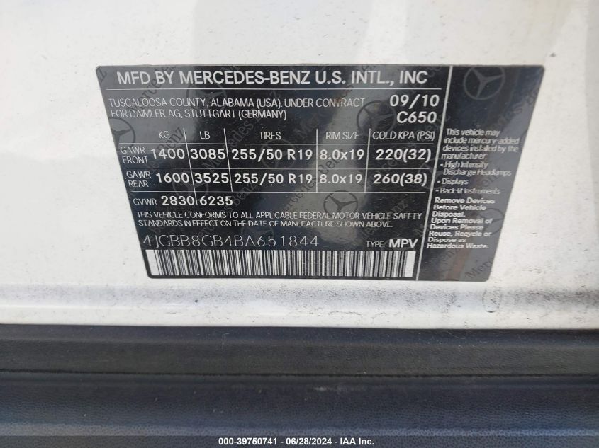 2011 Mercedes-Benz Ml 350 4Matic VIN: 4JGBB8GB4BA651844 Lot: 39750741