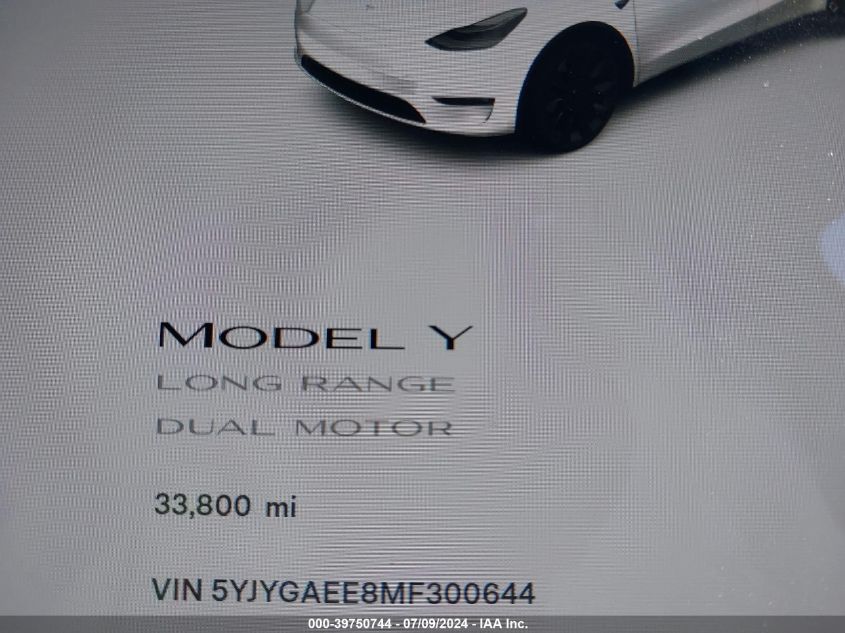 2021 Tesla Model Y Long Range Dual Motor All-Wheel Drive VIN: 5YJYGAEE8MF300644 Lot: 39750744