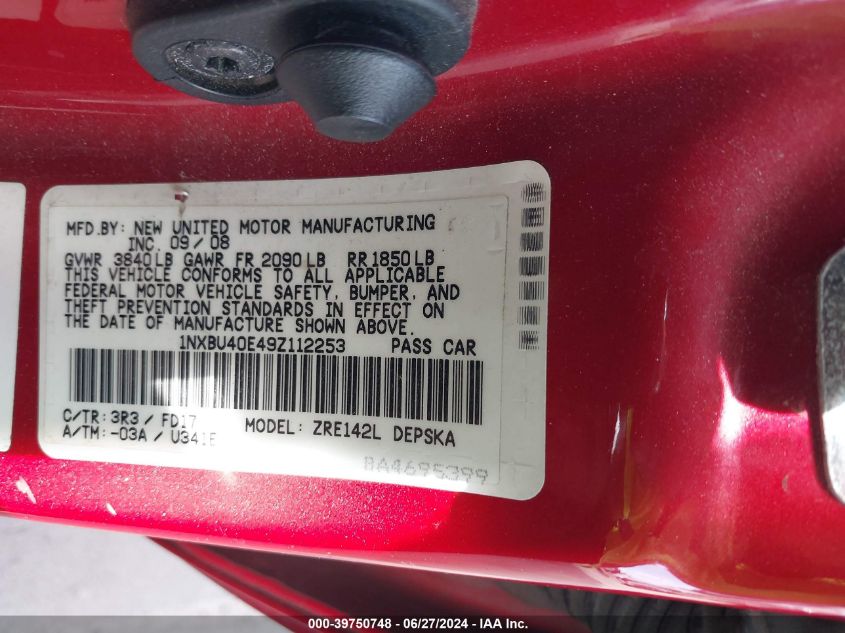 2009 Toyota Corolla S VIN: 1NXBU40E49Z112253 Lot: 39750748