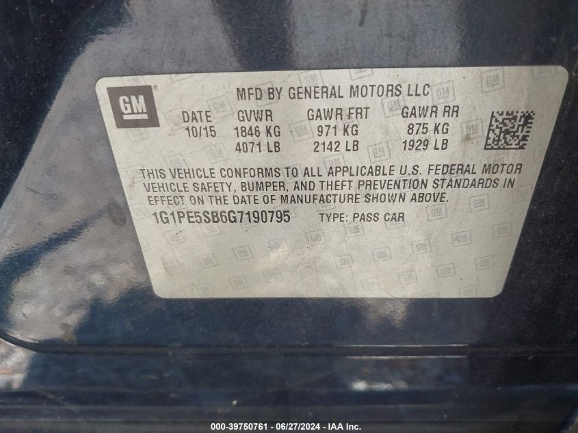 2016 Chevrolet Cruze Limited 1Lt Auto VIN: 1G1PE5SB6G7190795 Lot: 39750761