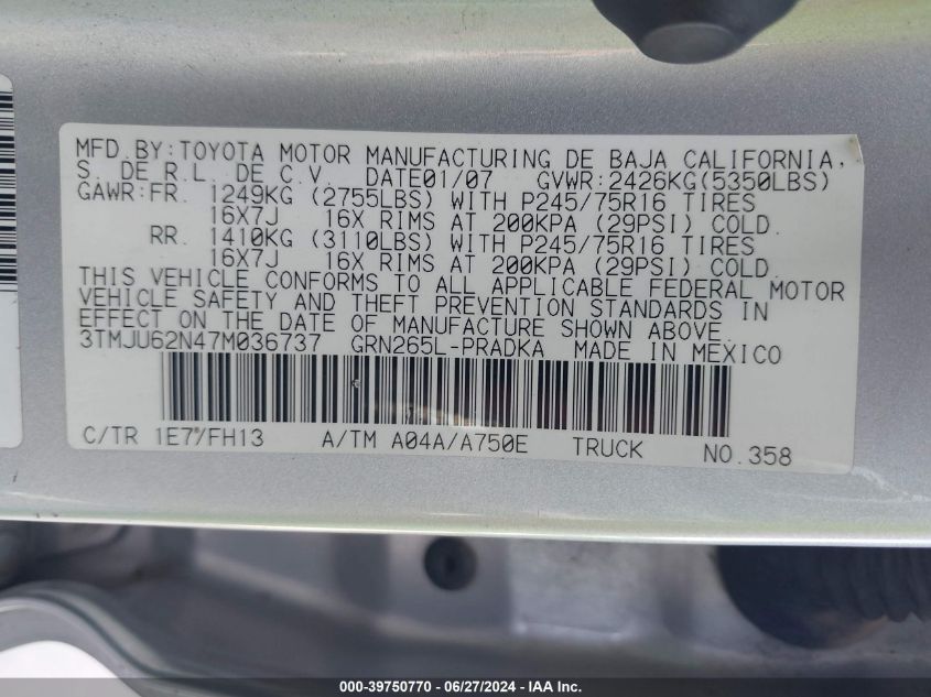 2007 Toyota Tacoma Double Cab Prerunner VIN: 3TMJU62N47M036737 Lot: 39750770
