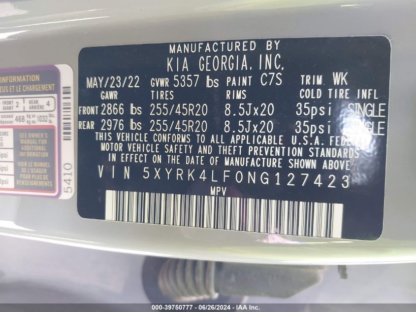 2022 Kia Sorento Sx VIN: 5XYRK4LF0NG127423 Lot: 39750777