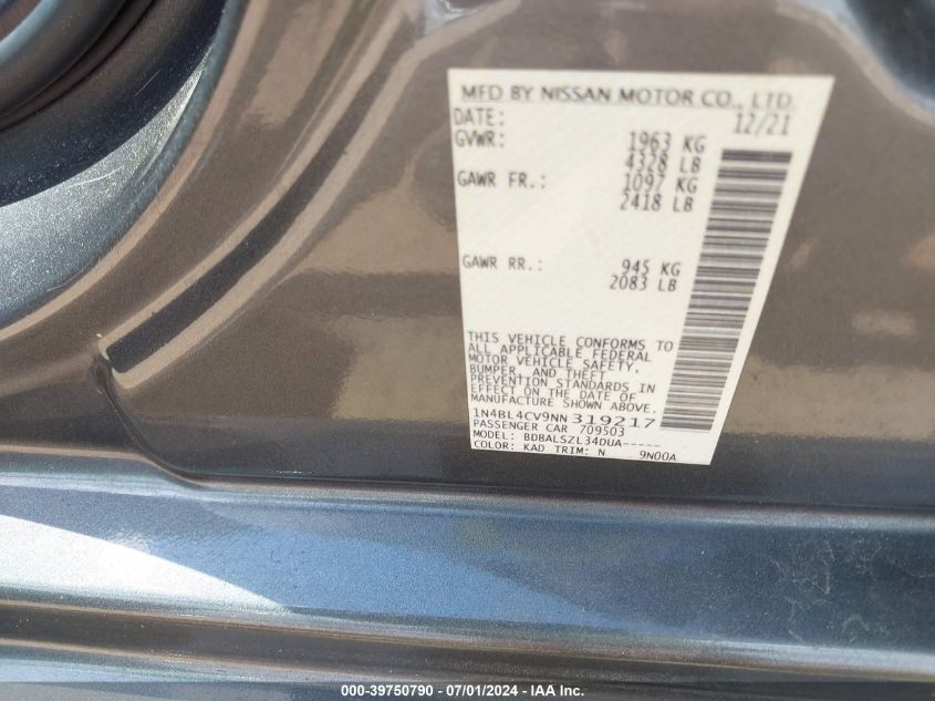 2022 Nissan Altima Sr Fwd VIN: 1N4BL4CV9NN319217 Lot: 39750790