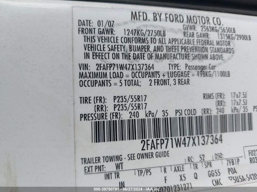 2007 Ford Crown Victoria Police Interceptor VIN: 2FAFP71W47X137364 Lot: 39750791