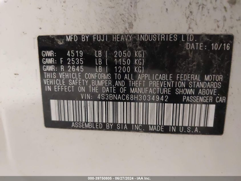 2017 Subaru Legacy 2.5I Premium VIN: 4S3BNAC68H3034942 Lot: 39750805